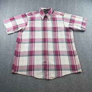 Edgewood Button Down Shirt Men's Medium Burgundy Plaid Short Sleeve Made in USA